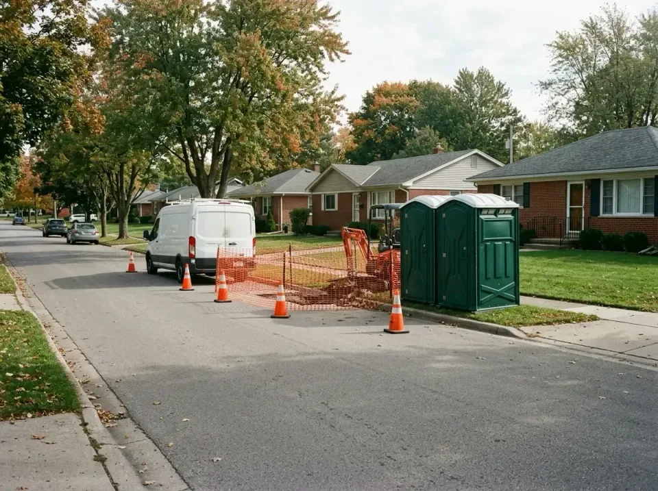 Portable Toilet — Residential Street — Portable Toilet, Porta Potty, Work Van, Residential Street, Luxury Restroom Trailer R…